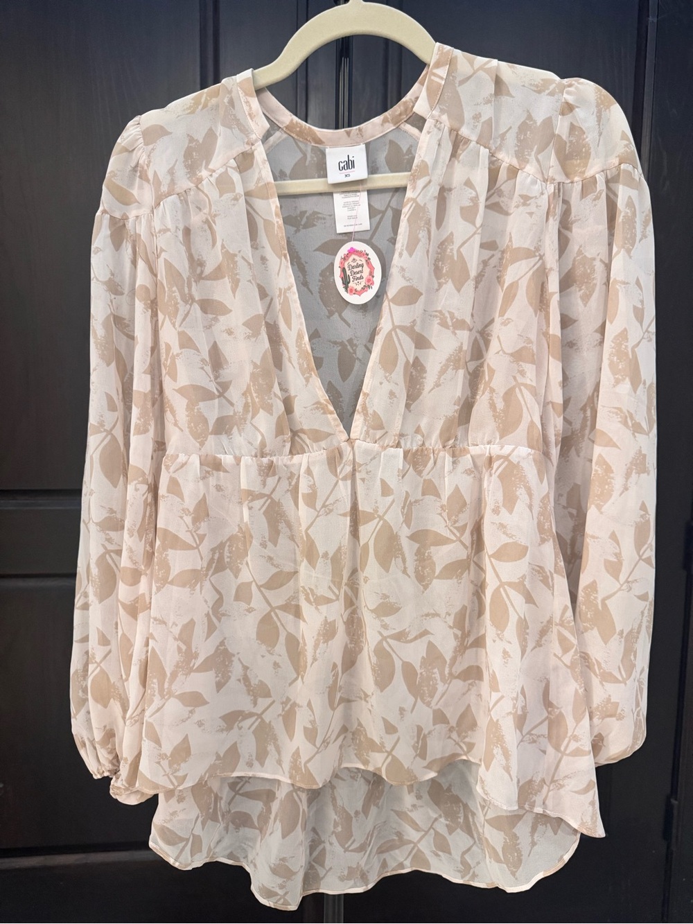 CAbi Cream & Tan Leaf-Print V-Neck Blouse